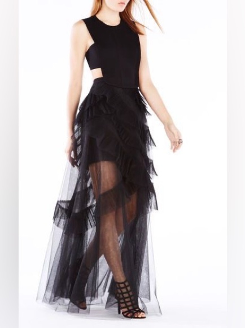 BCBGMaxAzria Black Oly Tiered Ruffle Tulle Evening Gown - Picture 2 of 10